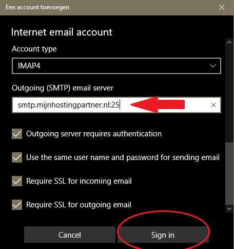 SMTP Poort wijzigen - Windows 10 Mail client