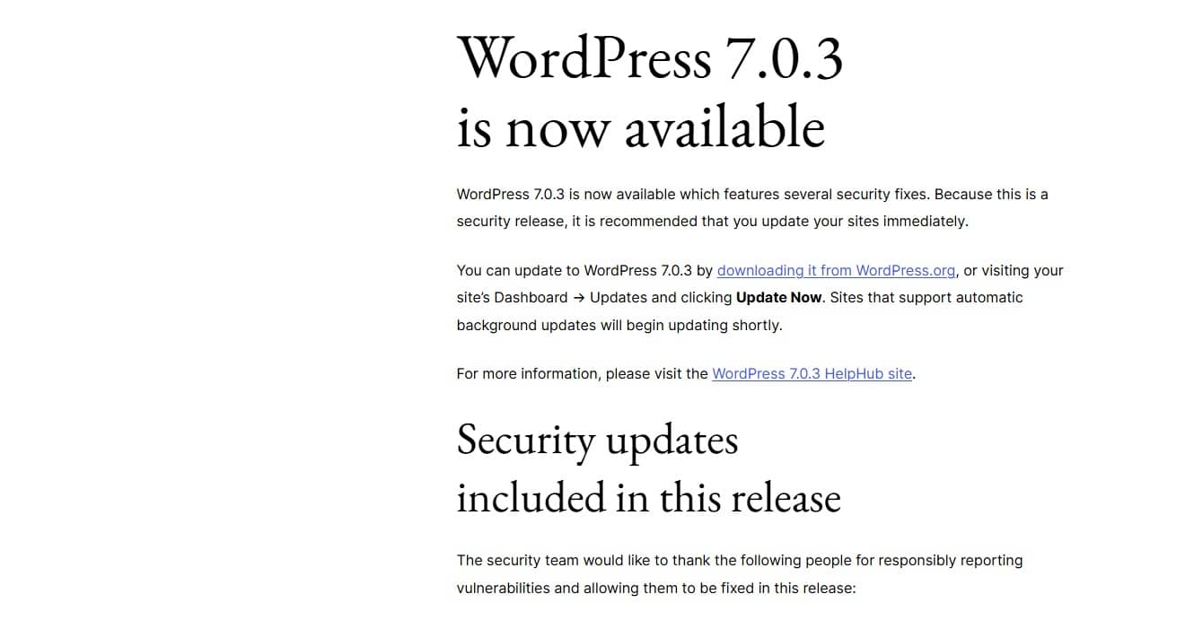 WordPress 7 0 3 beveiligingsupdate vannacht uitgekomen
