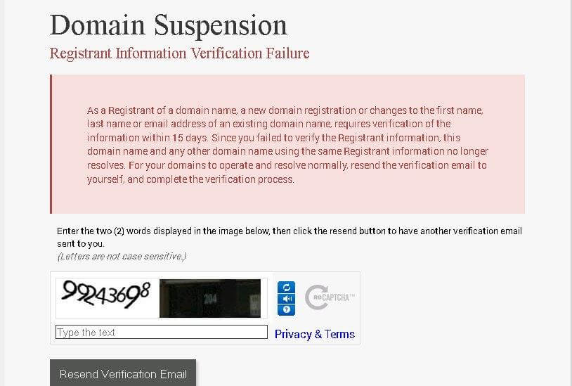Domain Suspension - Registrant Information Verification Failure