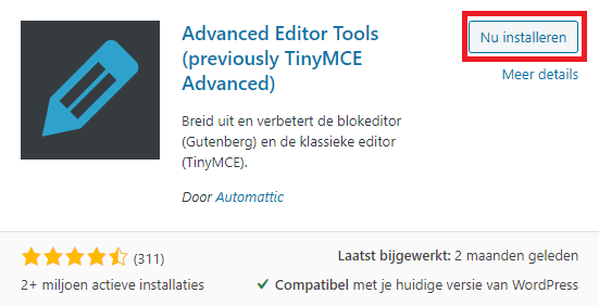 WordPress Advanced Editor Tools (TinyMCE) installeren