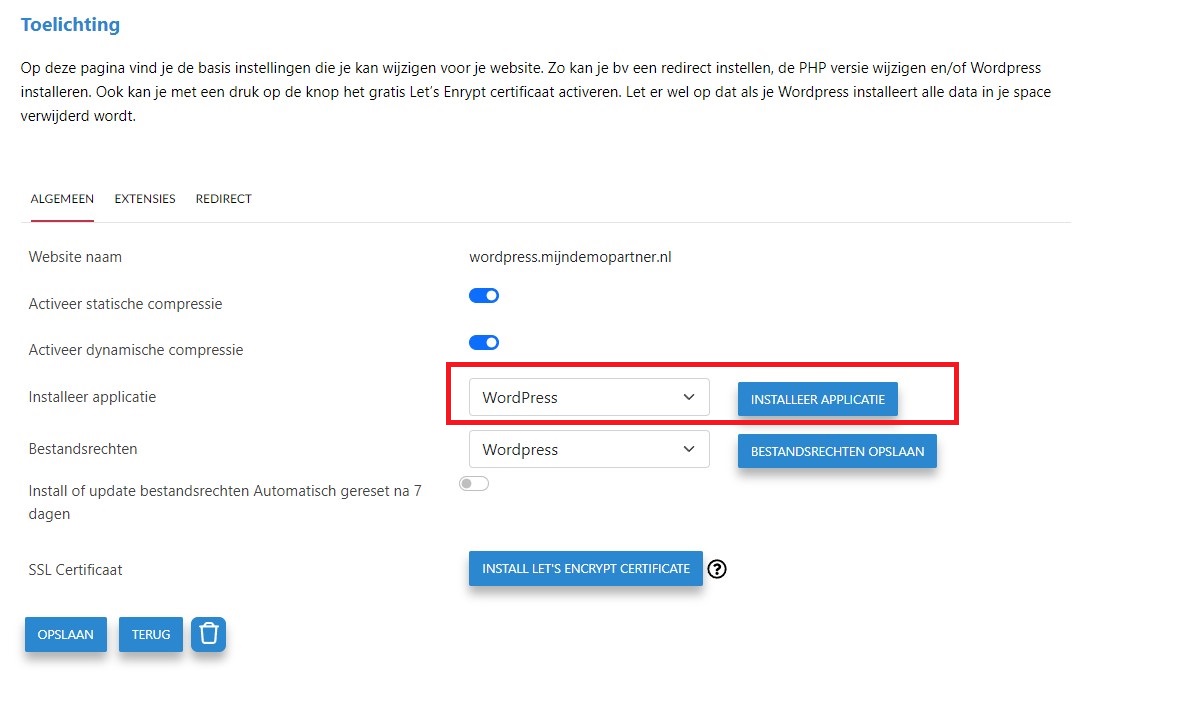 WordPress install via customer panel