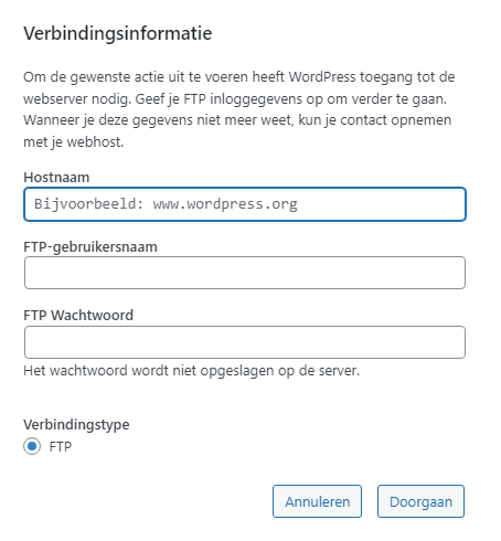 Je WordPress installatie vraagt om FTP-gegevens om updates uit te voeren