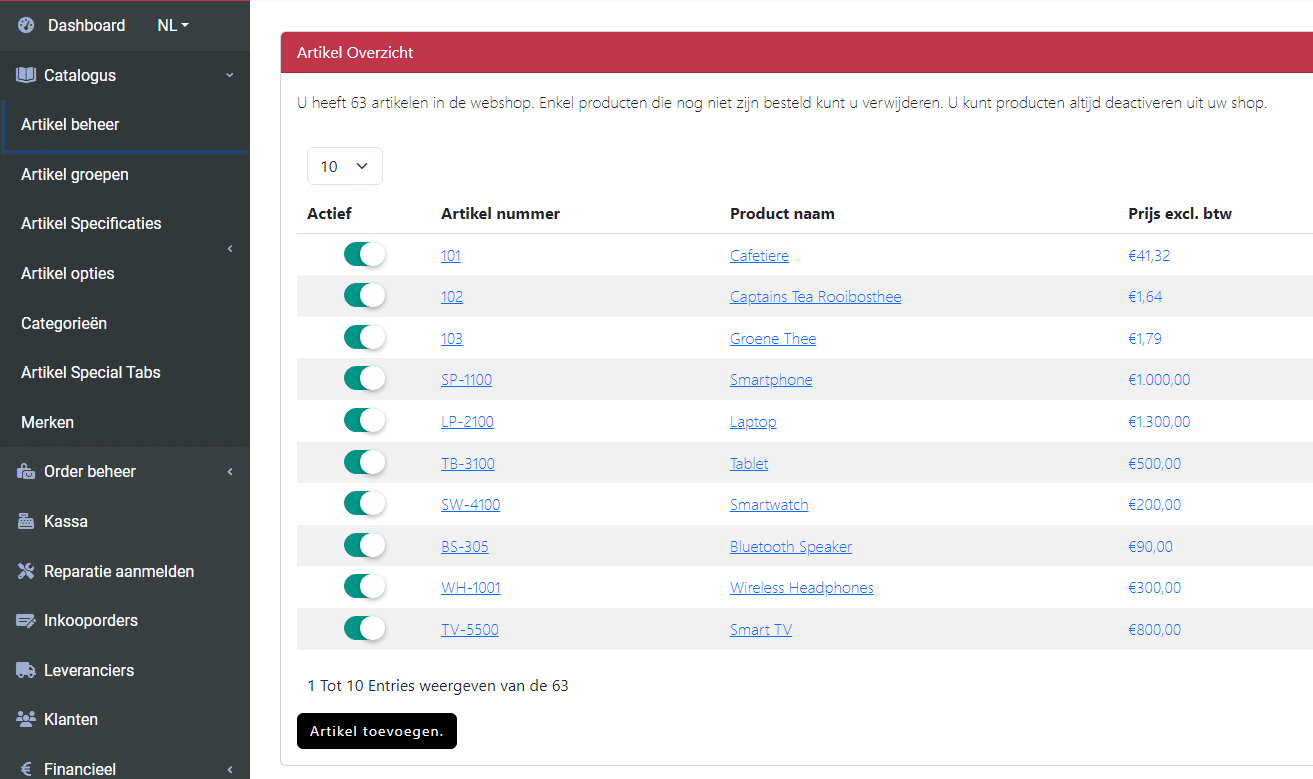 In / Uit schakelen van artikelen / categorieën binnen de webshop