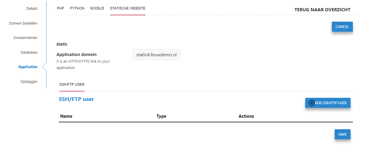 Statische website applicatie aanmaken