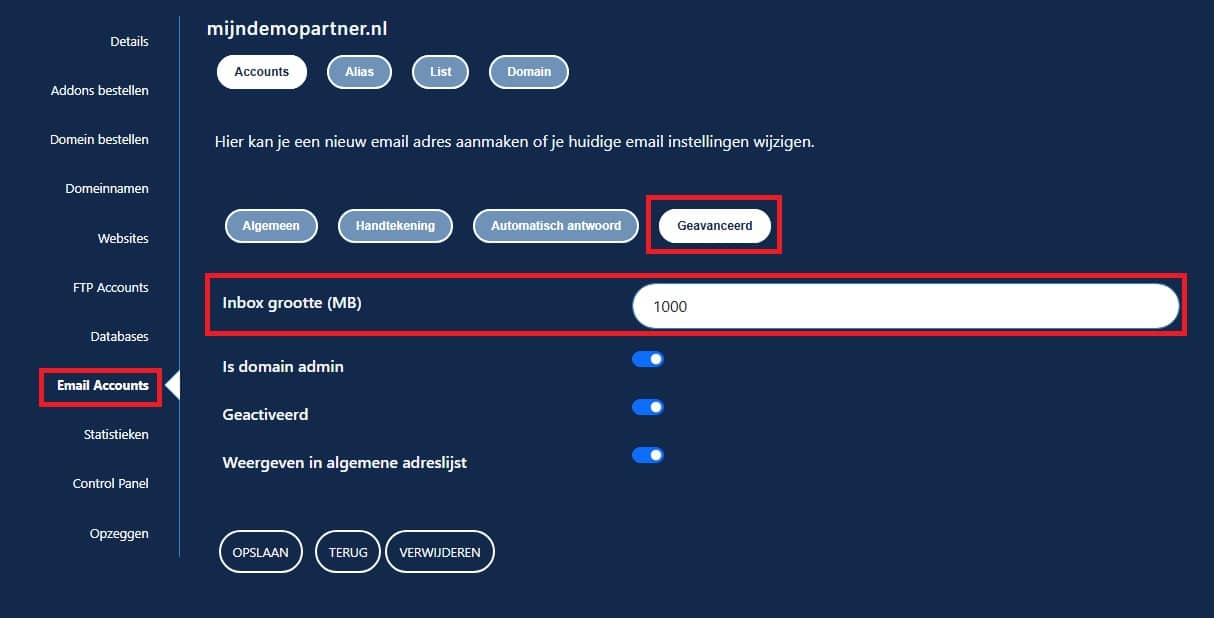 Wat moet ik invullen bij de size limit van de mailbox?