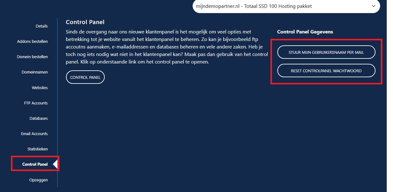 Hoe reset ik mijn control panel wachtwoord?