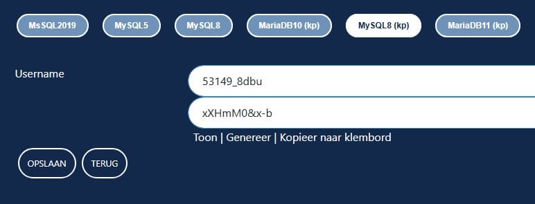 MySQL 8 inloggegevens voor database