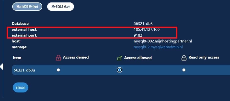 MySQL 8 host gegevens extern