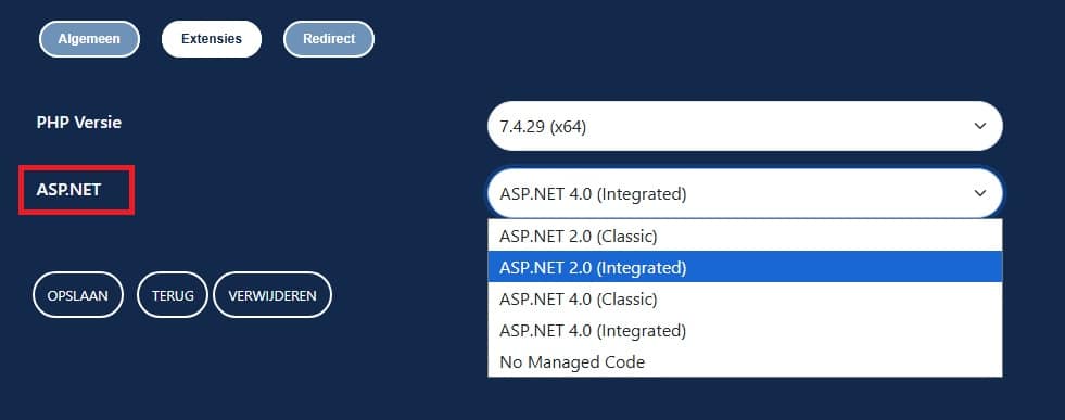 Hoe kan ik mijn ASP.NET versie instellen?