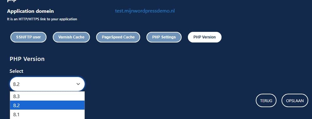 PHP versie instellen en instellingen beheren