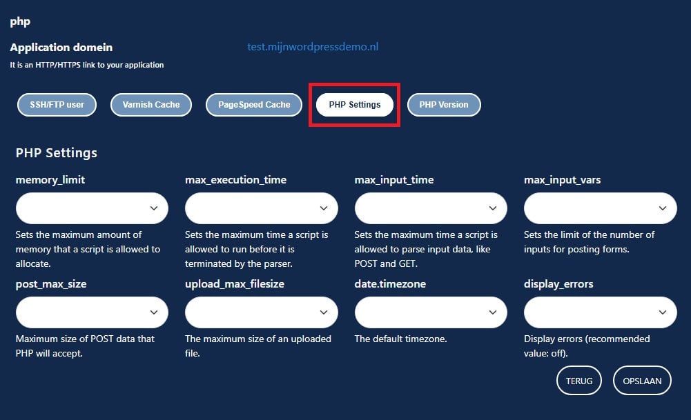 PHP versie instellen en instellingen beheren