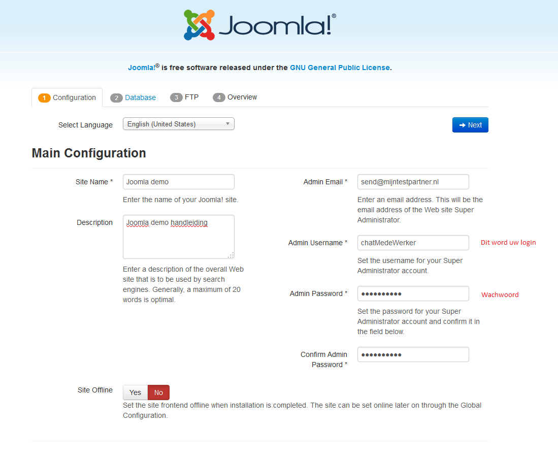 Joomla installeren vanaf de Joomla Site 