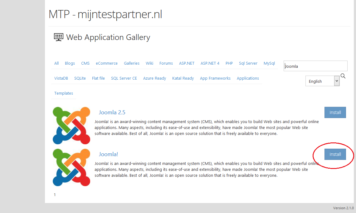 Joomla installeren via de Applicatie Installer