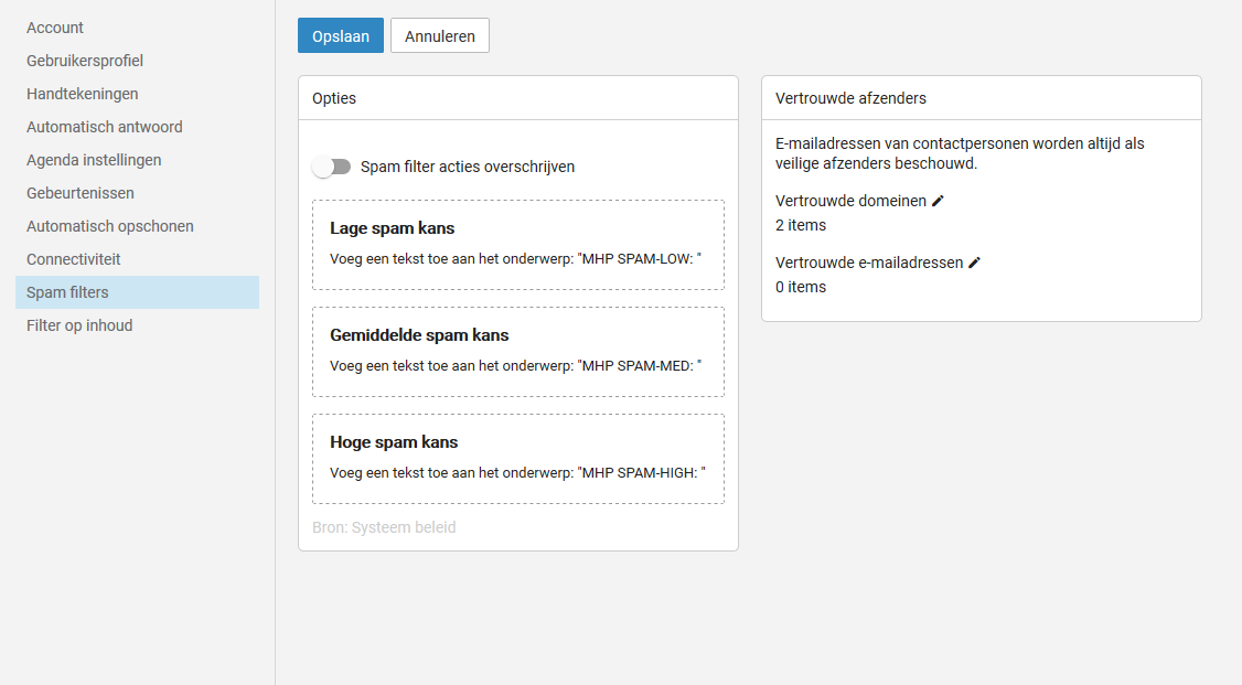 Hoe stel ik de SPAM filter in?