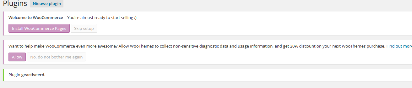 WooCommerce installatie binnen de Wordpress admin
